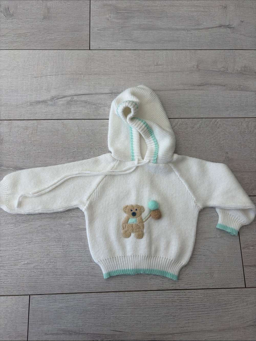 Allmine baby sweater bear ballon front cream tan blue size 6/9 months nice vint